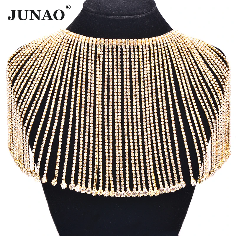 JUNAO 45cm/lot Glitter Gold Glass Rhinestone Chain Tassel Fringe Metal Strass Trim Banding Crystal Applique for Decoration
