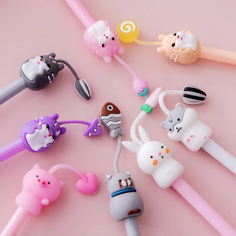 10 unidades/lotes kawaii dos desenhos animados gato porco coelho gel canetas bonito animal preto gel tinta caneta estudante escola artigos de papelaria presente