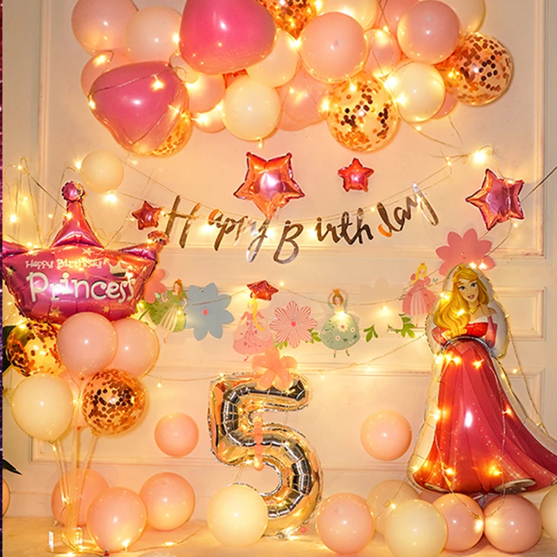 Pink Princess Theme Balloons for Baby Girl, Happy Birthday Party Banner, Garland Background Decoration 1 2 3 4 5 6 7 8 Years Old