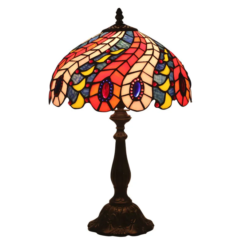 

European Tiffany Creative Retro Peacock Feather Table Lamp Bedroom Bedside Lamp Restaurant Bar Cafe Hotel Lights e27