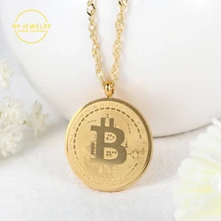 GOLD Bitcoin Pendant NECKLACE MEN Personalized 18k Gold Plated Stainless Steel Jewelry Collar Bitcoin Pendant Jewelry Women