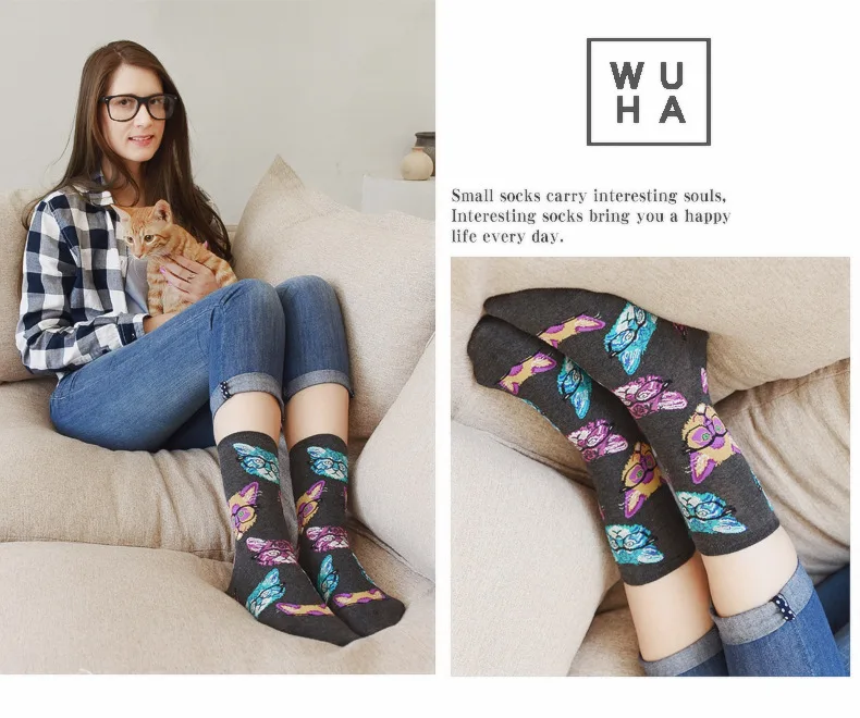 Happy Socks Women Funny Cartoon Animal Printed Personality Design Motion Harajuku Cotton Breathable Cat Butterfly Socks Femme