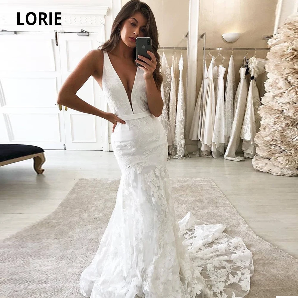 Lorie profundo v-neck sereia vestidos de casamento apliques rendas com tule cetim vestidos de noiva praia sem costas plus size 2020