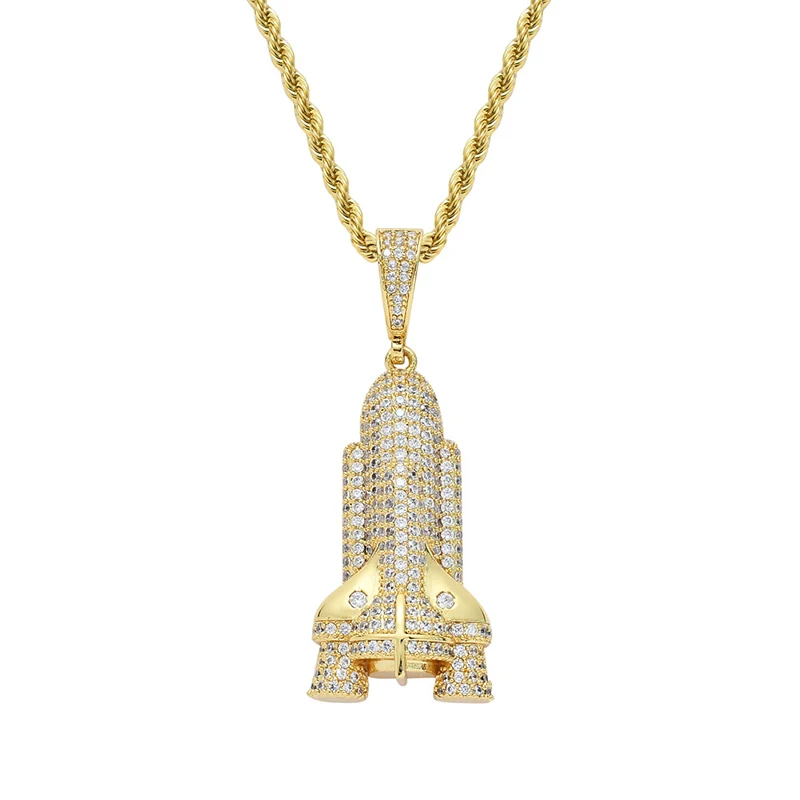 Hip Hop AAA CZ Zircon Stone Paved Bling Iced Out Rocket Spacecraft Pendants Necklace for Men Rapper Jewelry Gold Silver Color