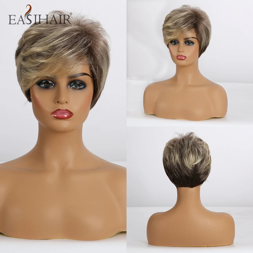 EASIHAIR Short Women Synthetic Wigs Ombre Blonde Wigs Layered Hairstyle Natural Hair Cosplay Daily Wigs Heat Resistant Wigs