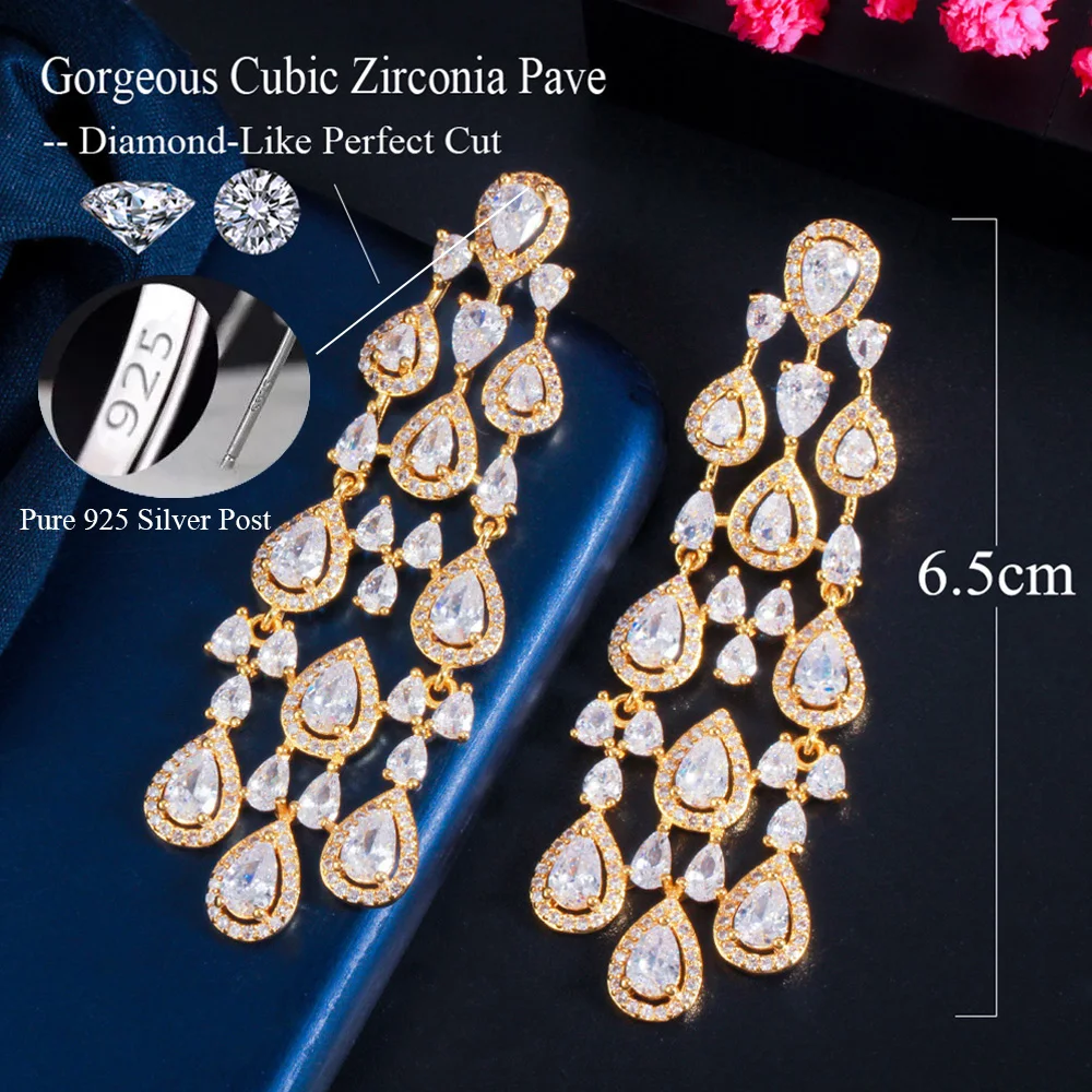 Pera Elegant Shiny White Cubic Zirconia Long Bridal Wedding Hanging Water Drop Dangle Earrings for Ladies Party Jewelry E665