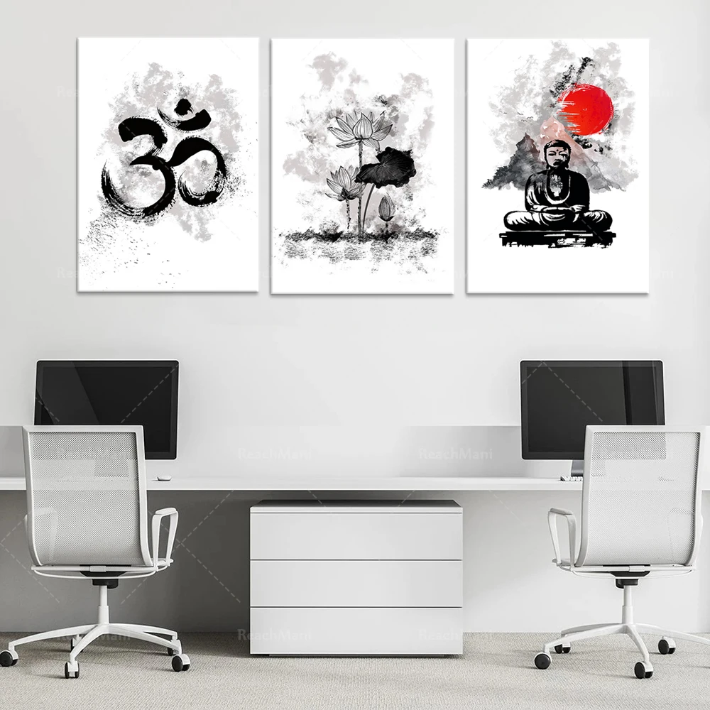 Aquarelle Art Prints, Set of 3 Prints, Yoga Art, Buddha Wall Art, Lotus Flower, Meditation Art, Spiritual Art, Zen Art, Black Wh