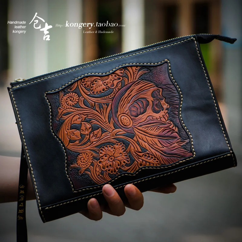 

★★Cangji handmade envelope bag men's and women's Chinese style leather carving tangcao hand bag wallet briefcase