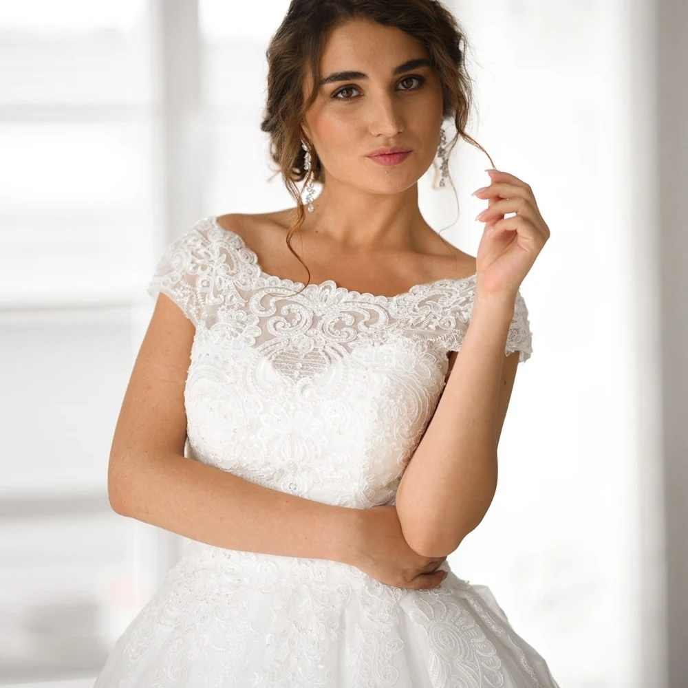 Vestido de noiva rendado, elegante vestido de casamento linha a, cabo de tule, com manga longa