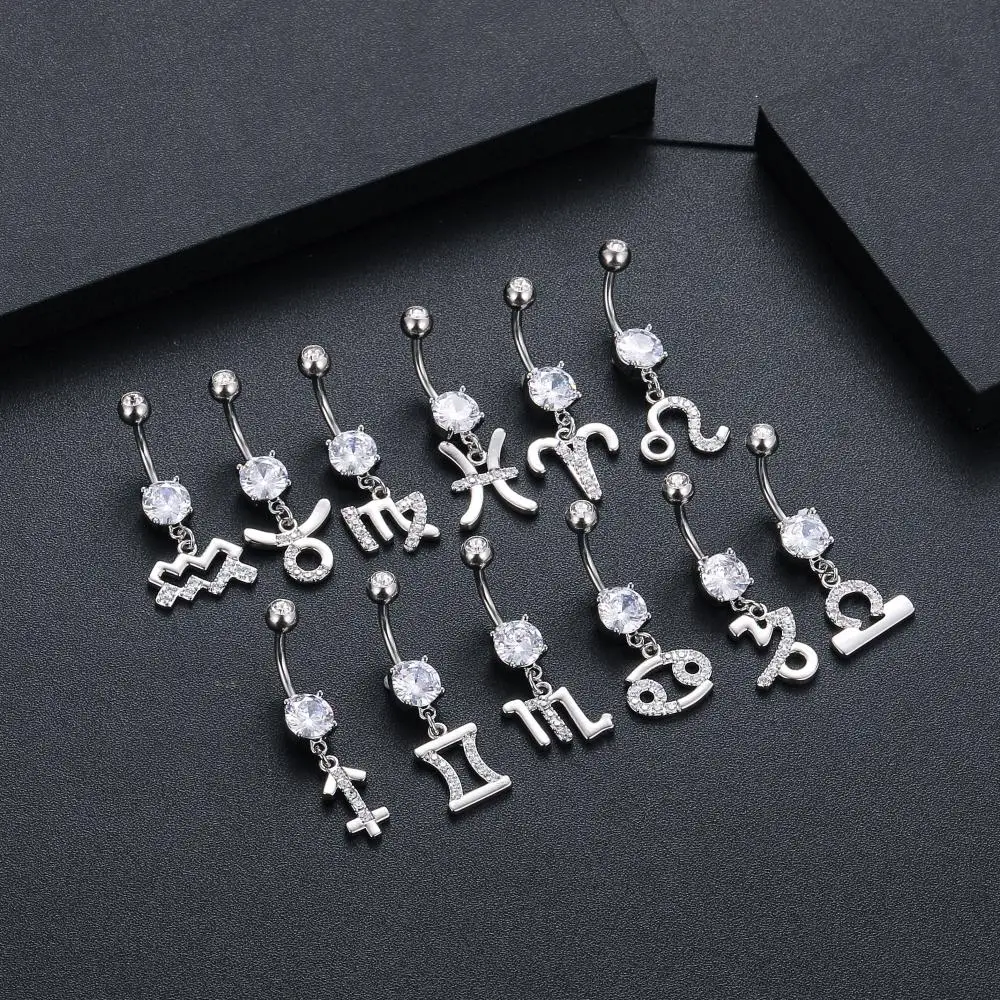 1PC Sexy Belly Button Rings 12 Birth Sign Constellation CZ Zircon Drop Navel Barbell Piercing Body Jewelry For Women Girls