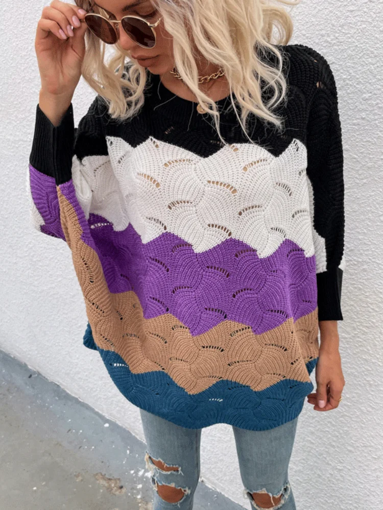Autumn and Winter New Contrast Color Hollow Knitwear Batwing Sleeve Sweater for Women