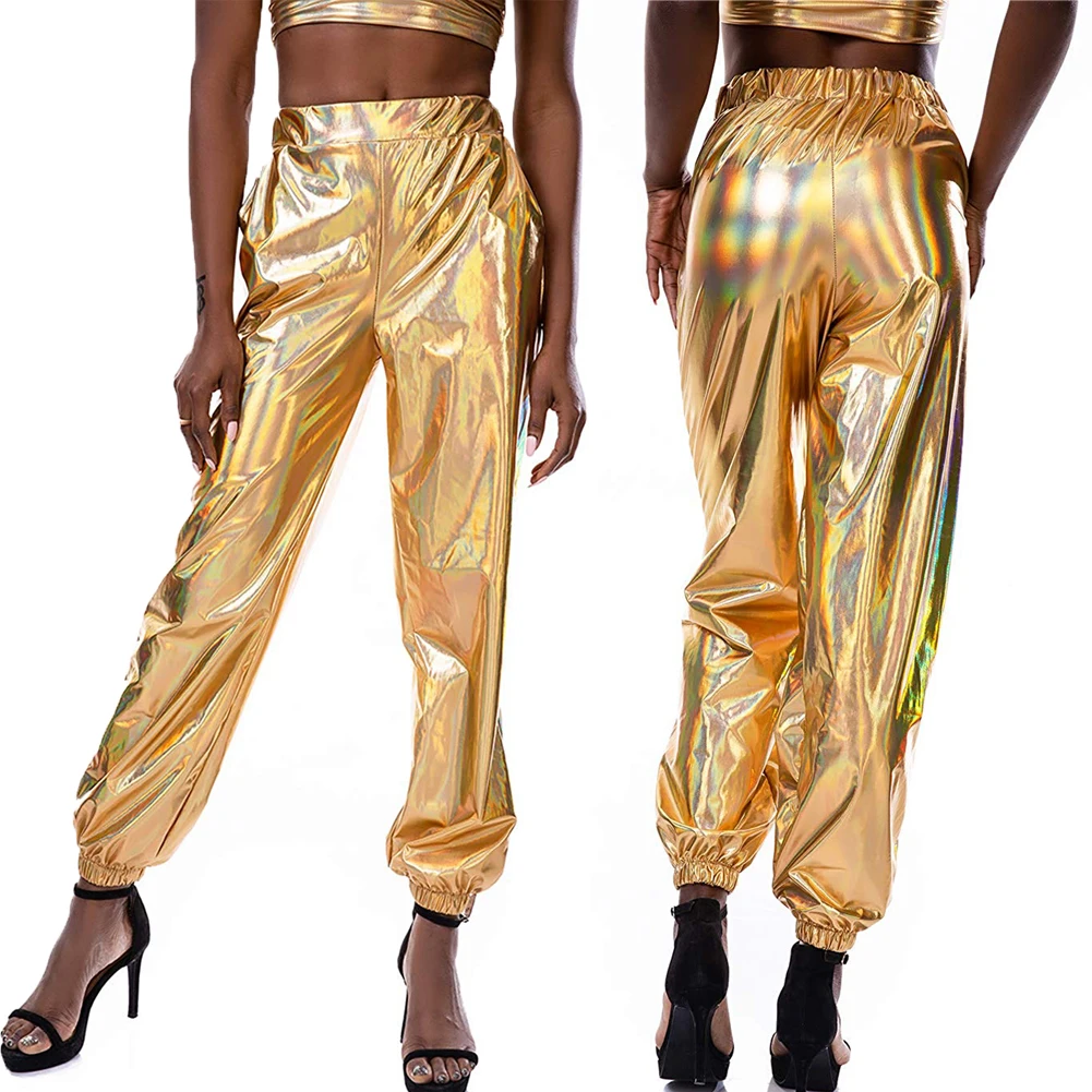 Women\'s Pant High Waist Metallic Shiny Jogger Casual Holographic Color Streetwear Trousers Women Fashion Smooth Reflective Pants