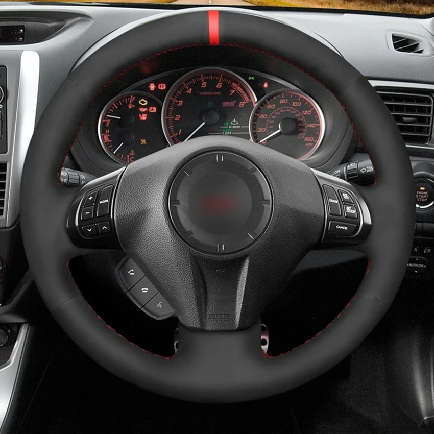 Hand-stitched Black Suede Red Marker Car Steering Wheel Cover for Subaru Forester 2008-2012 Impreza 2008-2011 Legacy 2008-2010