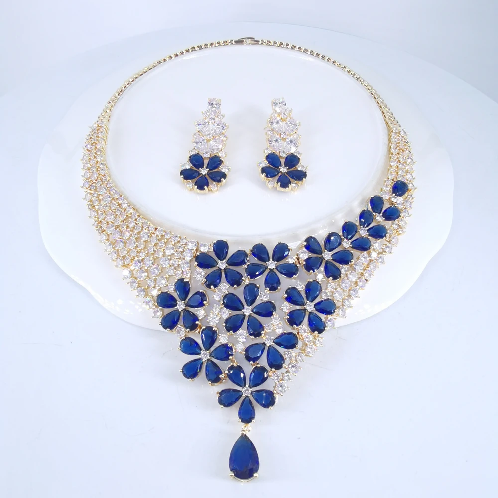 

2024 Hot sale New fashion vintage ROMANTIC blue flowers golden necklace earring set wedding party birthday jewelry