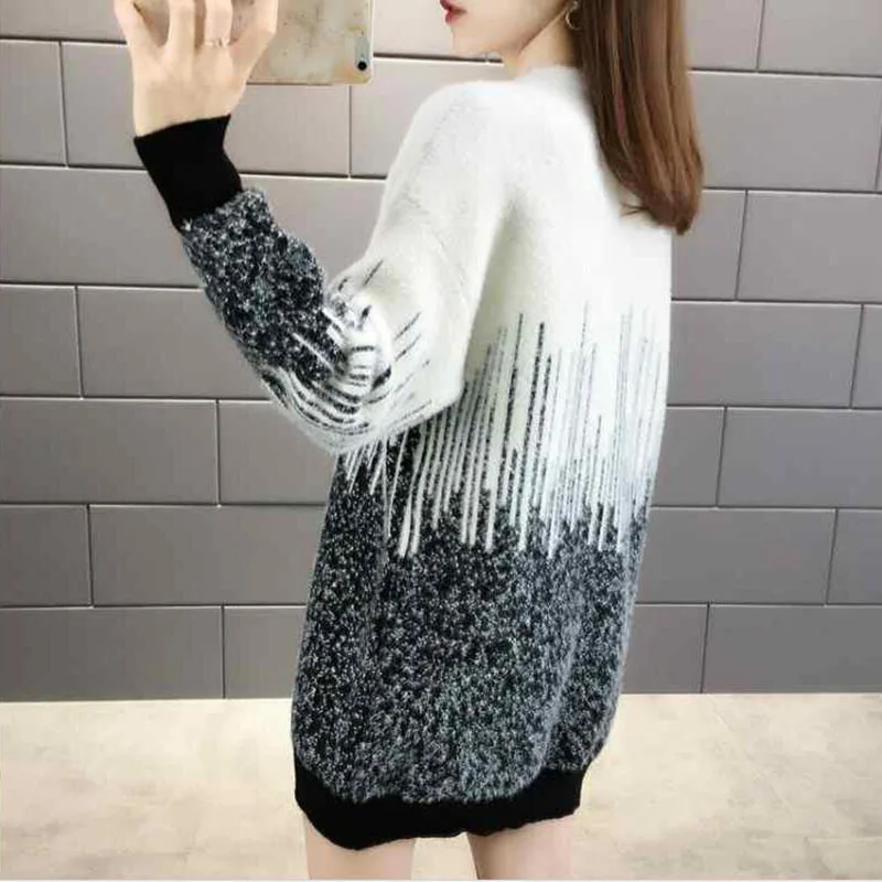 Imitation Mink Velvet Knitted Sweater For Women Fashion Autumn Winter Mid-Length Pullover Sweater Loose Thickened Bottom Dress