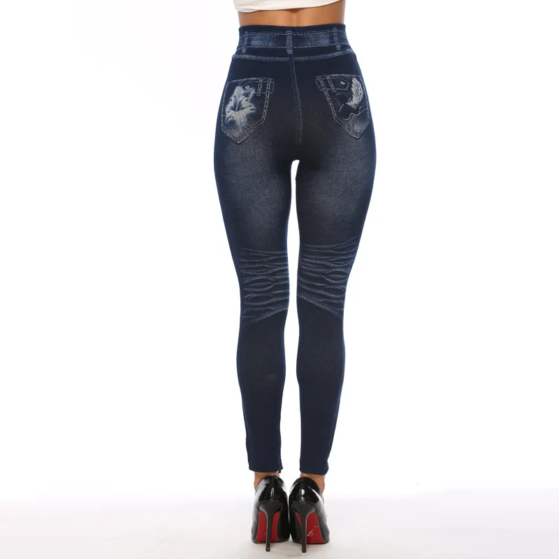 New Sexy Heart Hole Women Leggings Big Size Streetwear High Spandex Mesh Faux Jean Pants Blue Ladies Hollow Out Trousers XS-3XL