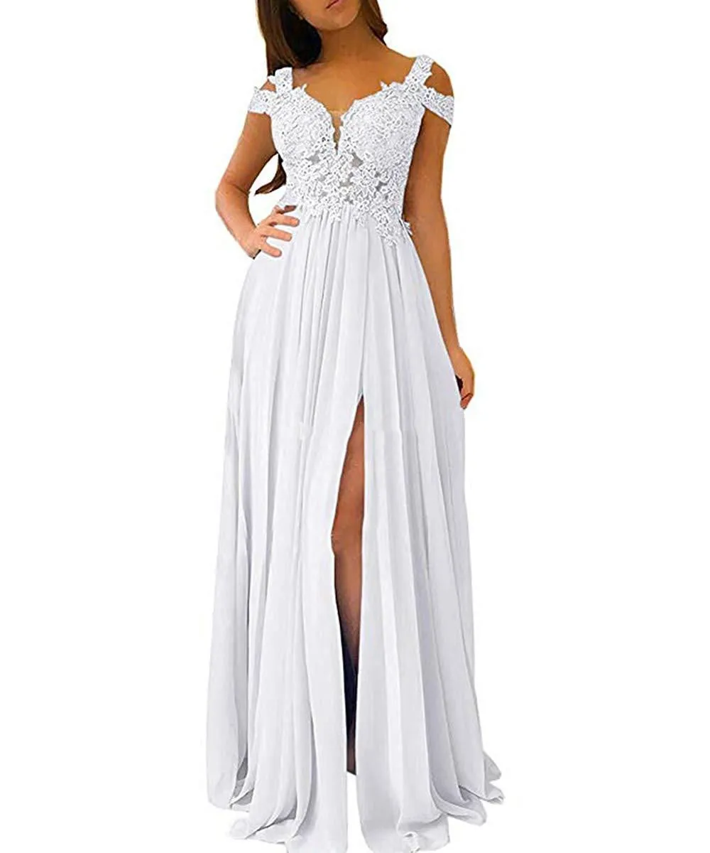 Lace Prom Dresses Off Shoulder Open Back High Side Split Chiffon Sweep Train Formal Evening Gown Elegant Special Occasion dress