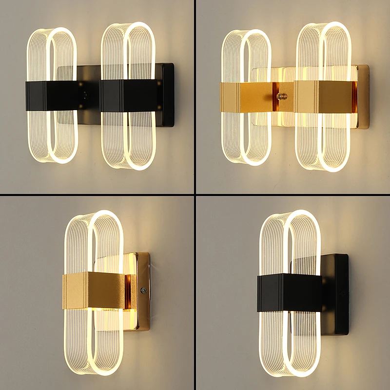 Indoor LED Wall Mounted Light Fixture Triple Color-Temp Bedroom Bedside Lamp Acrylic Hotel Living Room Gold/Black Shell