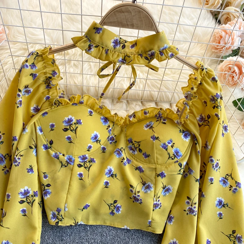 Women 2021 Sexy Floral Print Cropped Blouses Vintage Puff Long Sleeve Zipper Crop Top Ruffle Female Shirts Blusa Chic Tops