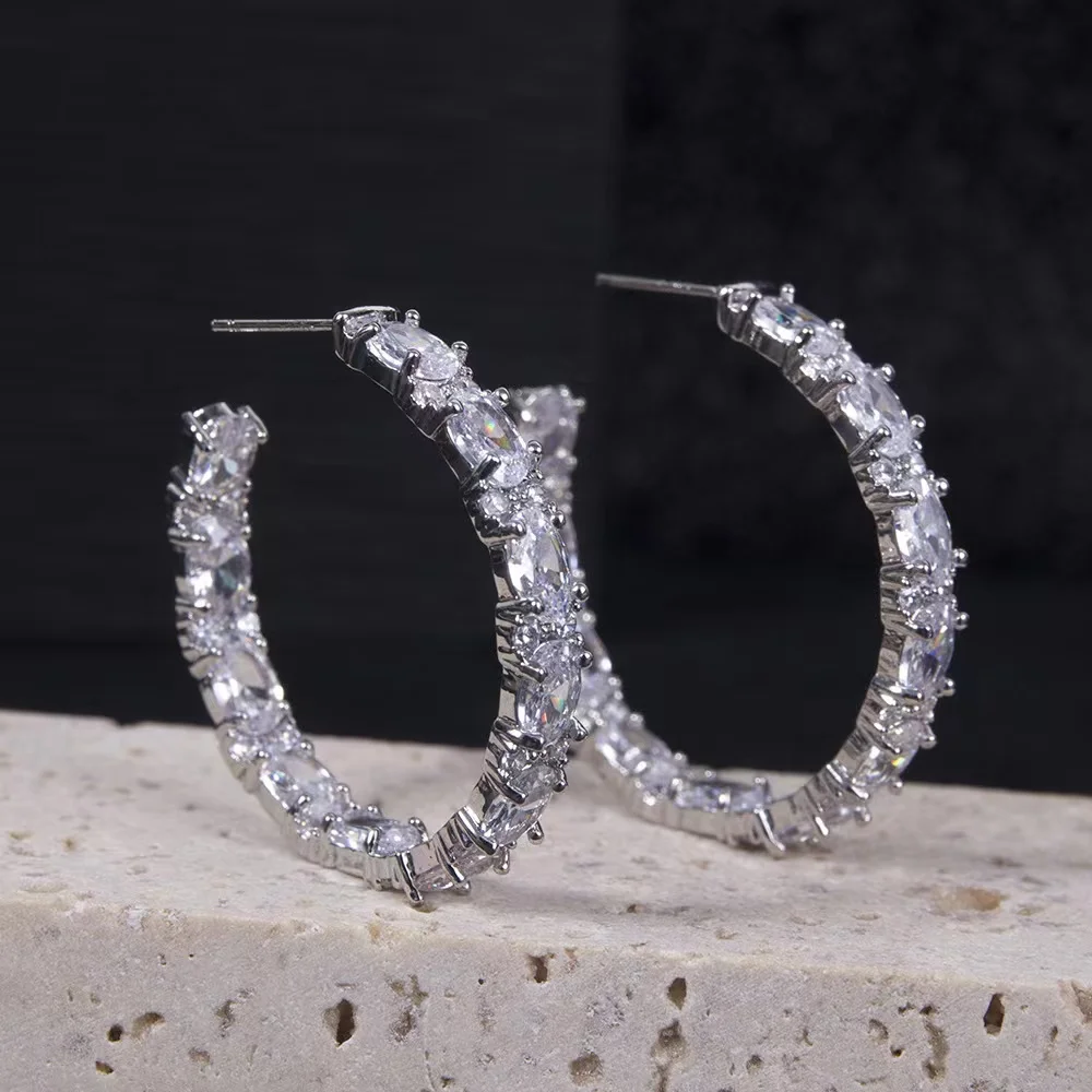 EYER Drop C-shape Round Earrings Classic Trendy Cubic Zirconia Crystal Bridal Earrings Wedding Jewelry Brides Party Jewellery