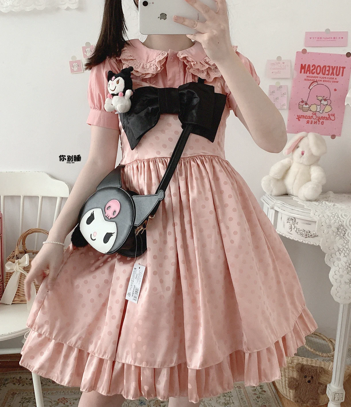 Kawaii menina bolinhas retro bowknot folha de lótus rosa sling vestido de cintura alta princesa vestido vitoriano kawaii menina cosplay cos