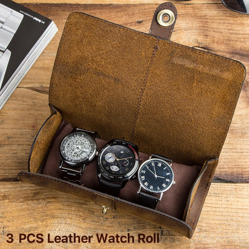 3 Slots Genuine Leather Watch Roll Travel Case Portable Vintage Horse Leather Display Watch Storage Box Watch Organizers