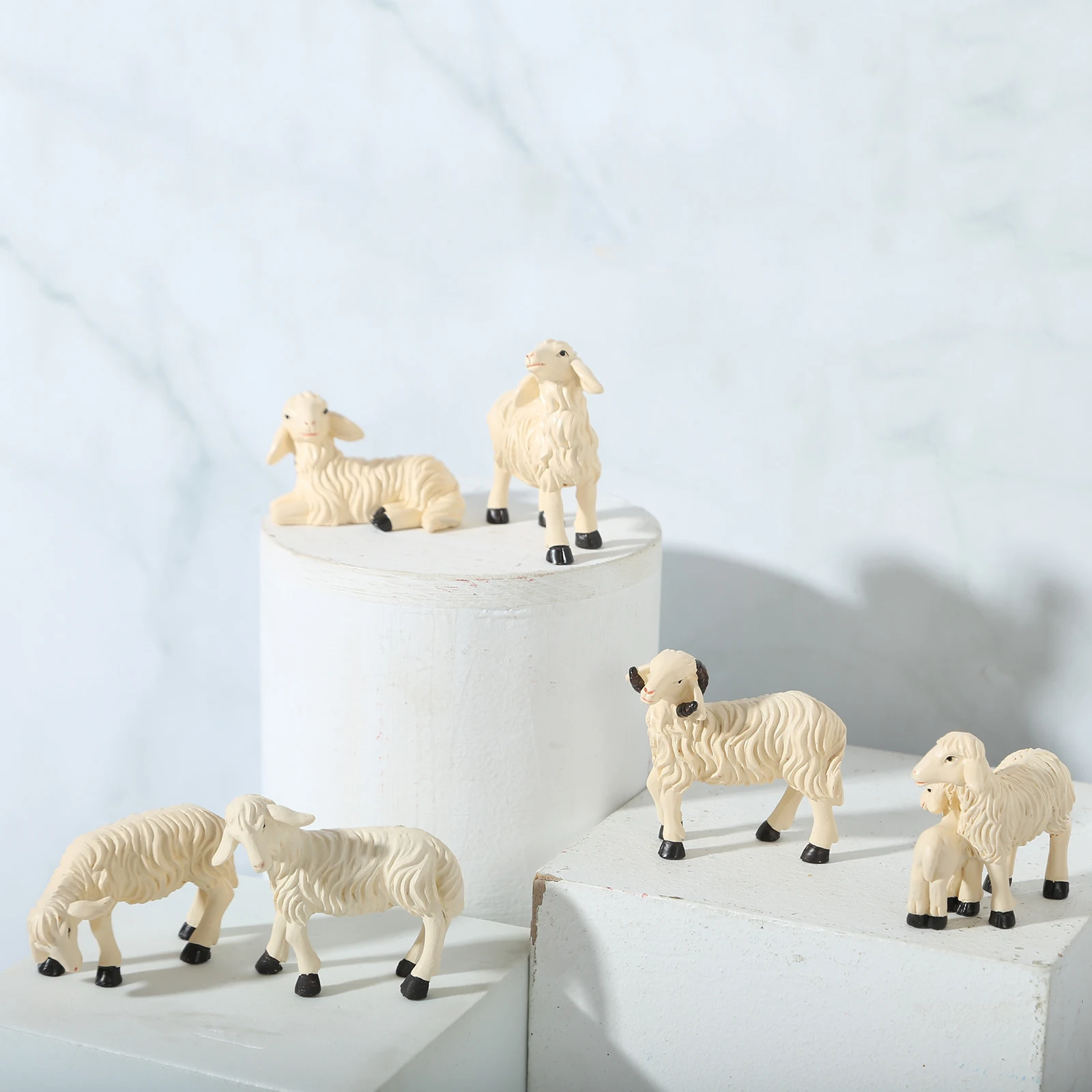 6Pieces Dollhouse Miniature Lamb Ornament Sheep Figurine Resin Statue Micro Landscape Indoor Or Outdoor Garden Home Decor