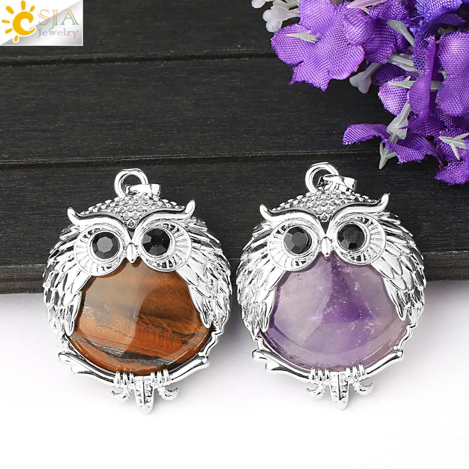 CSJA Natural Stone Cute Owl Animal Pendants for Necklaces White Crystal Pendant Pink Quartz Opal Lapis Lazuli Reiki Jewelry G802