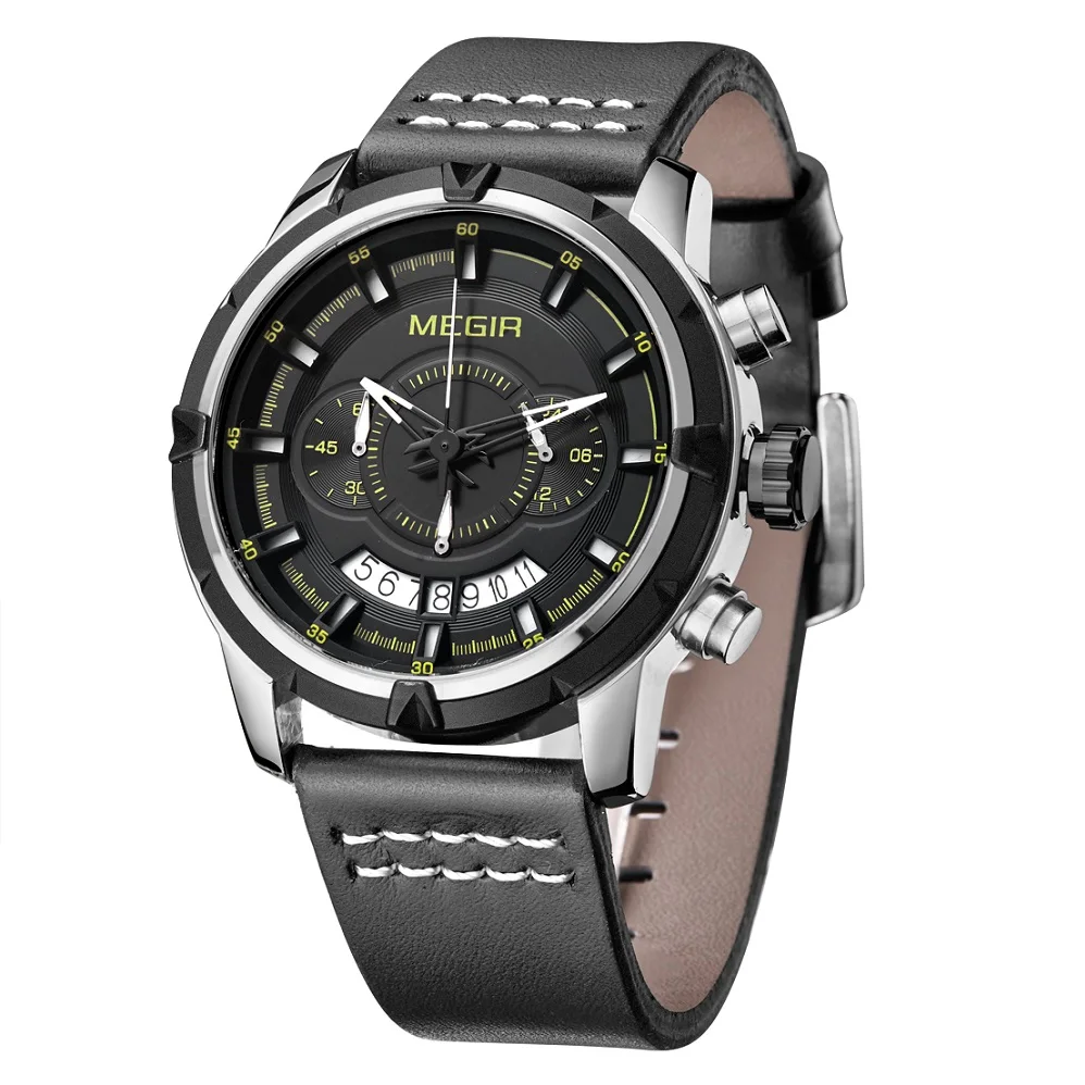 MEGIR Sport Men Quartz Watch Multifunction Chronograph Fashion Wrist Watches Clock Men Relogio Masculino with Leather Strap 2047