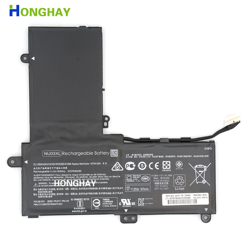 HONGHAY NU03XL Laptop battery For HP TPN-W117 TPN-C128 NU03XL HSTNN-UB6V 843536-541 844201-855 11.55V 41.7WH 3615MAH