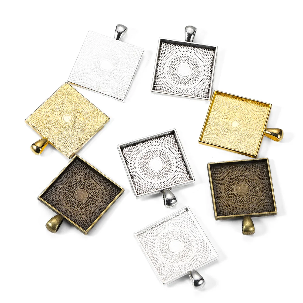 5pcs/lot Square Cabochons Bases Settings Pendant Bezel Trays Fit 25mm Glass Cabochon DIY Necklace Making