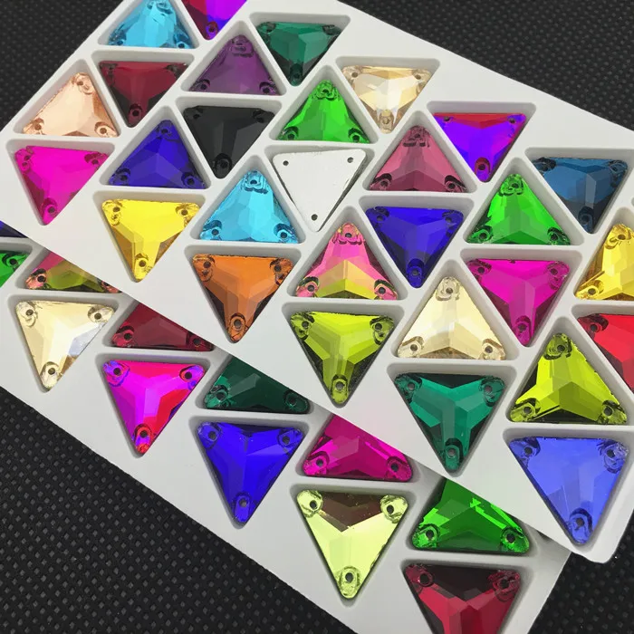 Triangle en cristal de verre à coudre sur strass 12 16 22mm, dos plat avec trou, toutes les couleurs, pierre à coudre pour robe de Costume, artisanat