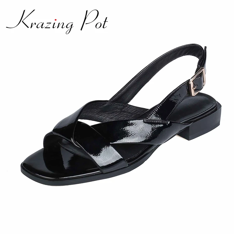 Krazing Pot 2025 Plus Size Cow Leather Peep Toe Shallow Low Heels Concise Korean Girls Modern Buckle Straps Casual Women Sandals