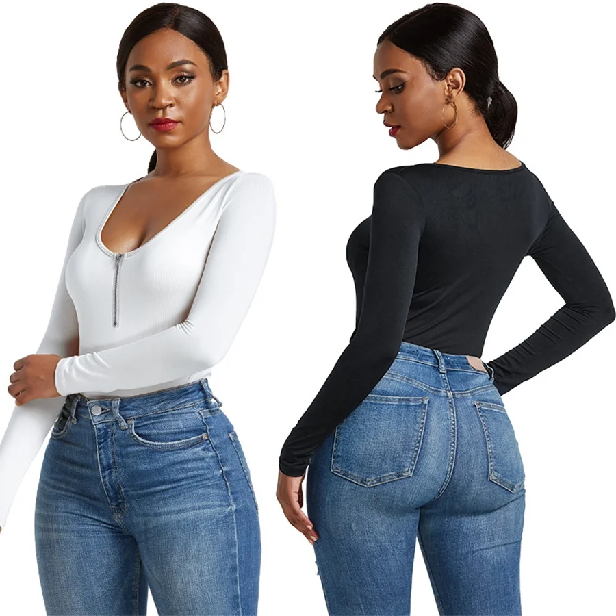 Outono sexy bodysuits magro zíper manga longa macacão feminino moda corpo mujer macacões