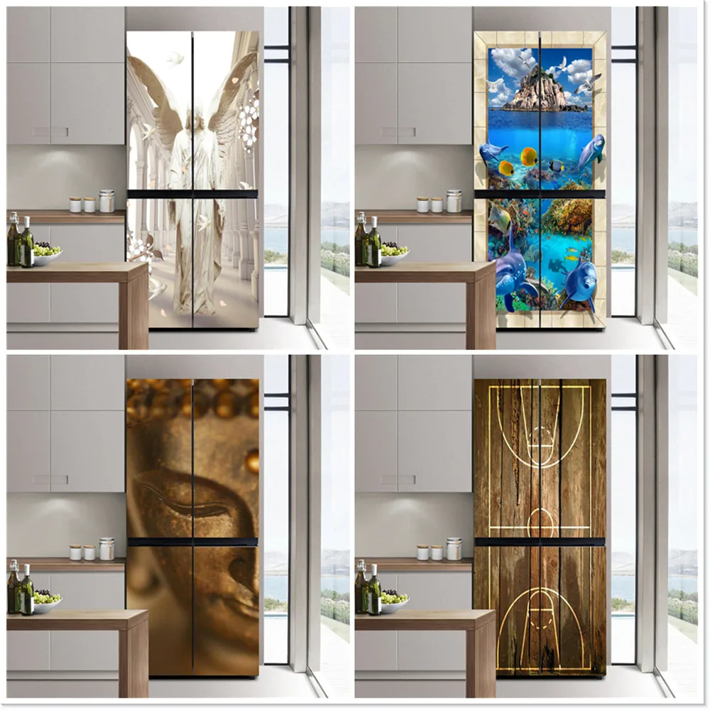 PVC Self-adhesive Refrigerator Door Wrap,Buddha Angel Dolphin Basketball Court Poster,Kitchen Living Room Fridge Freezer Decal