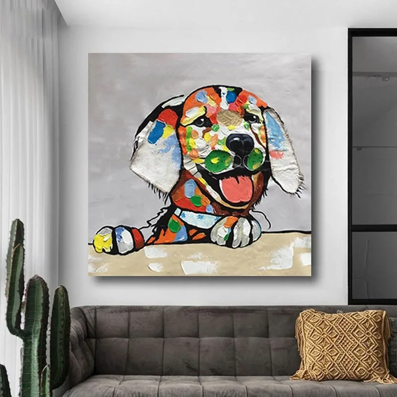 

100% Hand Painted Modern Cute Animal Dog Abstract Handmade Oil Painting Wall Art Painting Living Room Decor Wall Pictures