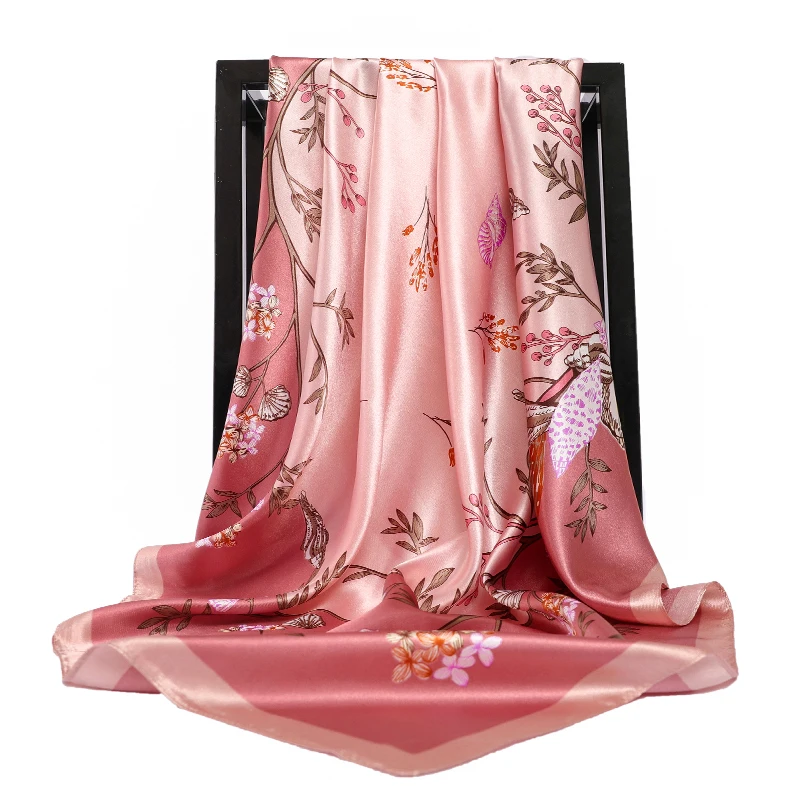 

Fashion Kerchief Floral Print Silk Satin Hair Scarf For Women Small Bandana Head Scarfs 90X90CM Headband Neck Scarves For Ladies