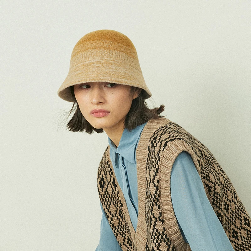 Fashion Gradient Colors 100% Wool Bucket Hat Elegant Women Spring Autumn Winter Fisherman Cap Warm Dress Up Party Travel