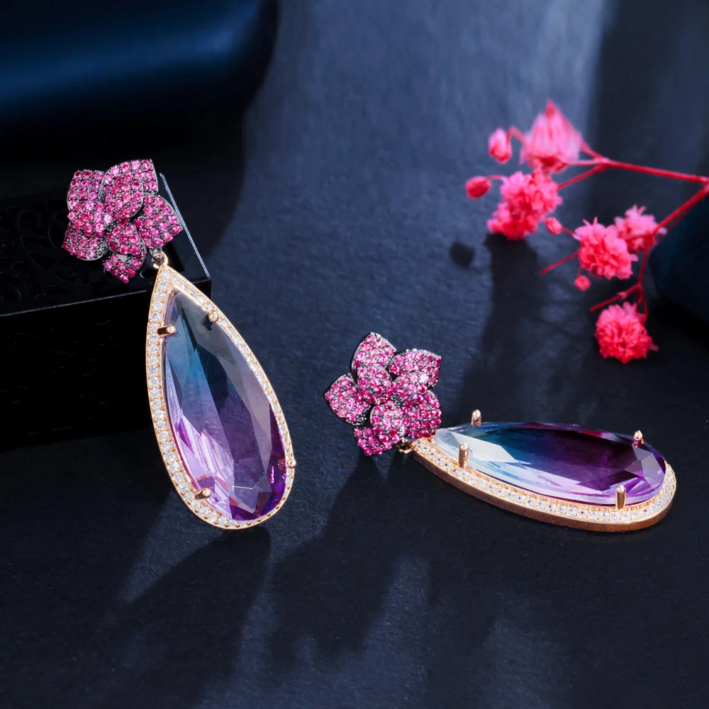 CWWZircons Flower Red CZ Top Teardrop Gradient Purple Zircon Luxury Dangle Earrings Women Evening Wedding Party Jewelry E0683
