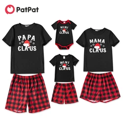 PatPat Christmas Hat and Letter Print Black Family Matching Short-sleeve Plaid Pajamas Sets (Flame Resistant)