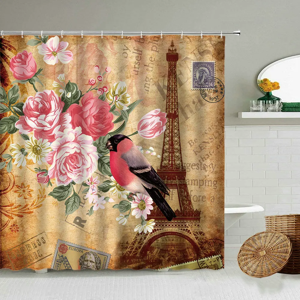 Retro Iron Tower Waterproof Shower Curtain Floral Bird Stamp Creative Poster Design Bathroom Accessories Hanging Screen Washable