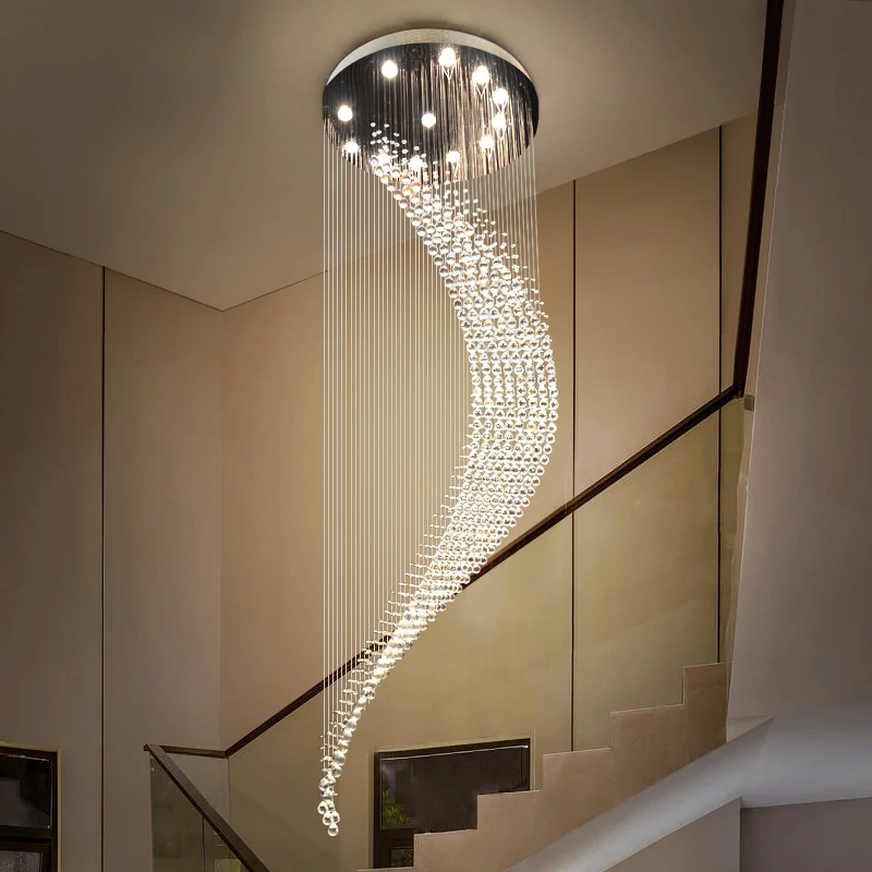 Modern Staircase Crystal Chandelier Luxury Spiral Design Hall Light Fixture Living Dining Room Suspension Wire Cristal Lamp Loft