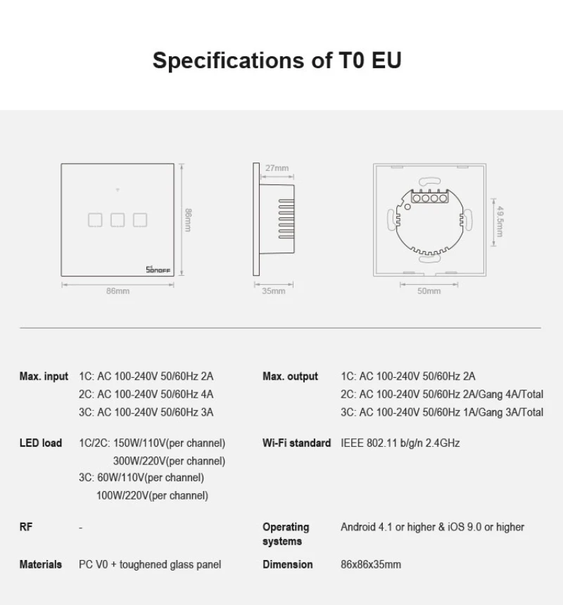 SONOFF T0 EU/US 와이파이 스마트 스위치, 스마트 홈 인터럽터, 벽 조명 터치 스위치 패널, 알렉사 구글 어시스턴트 eWelink용