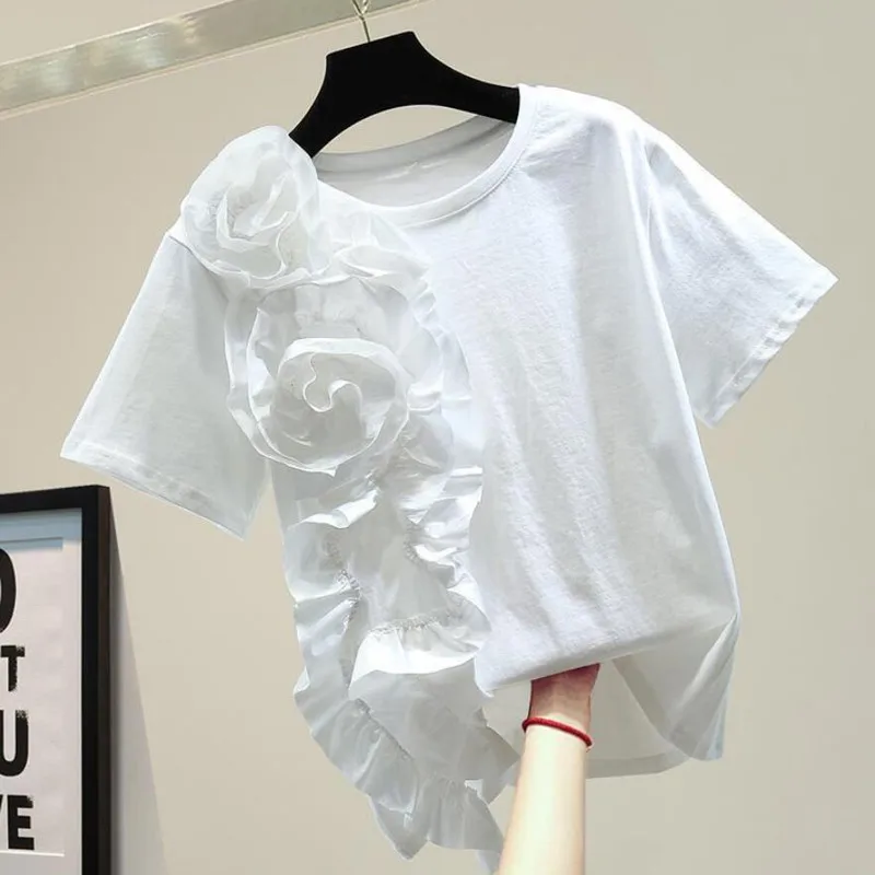 

Fashion Three-dimensional Flower T-shirt Female 2021 Summer Korean Casual Stitching Ruffled T Shirt Ladies Tops Tees s1002