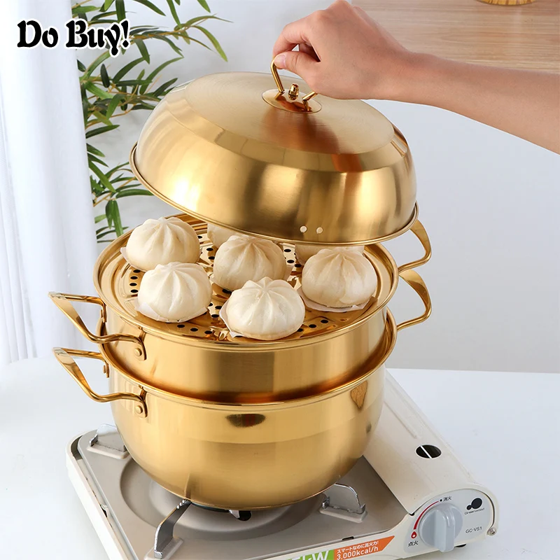 

1 Pcs Steamer Pot Stainless Steel Three layer Thick Gold Steamer Pot Soup Steam Pot Cooking Pots Cooker Gas Stove