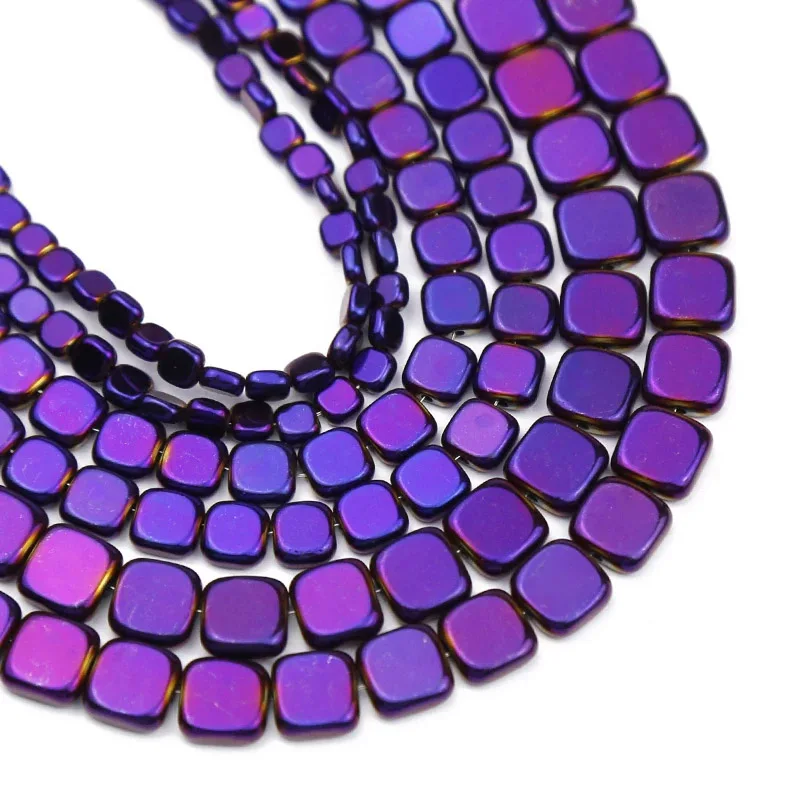 4/6/8MM Purple plating Flat Square Hematite Natural Stone  Spacers Loose Beads For Jewelry Making Charm Bracelets DIY Findings