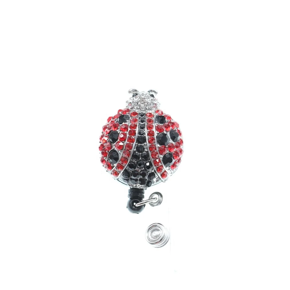 100pcs/lot Sparkly Insect Red Ladybug Rhinestone Crystal Retractable Badge Reel Holder With Alligator Clip For Nurse Student