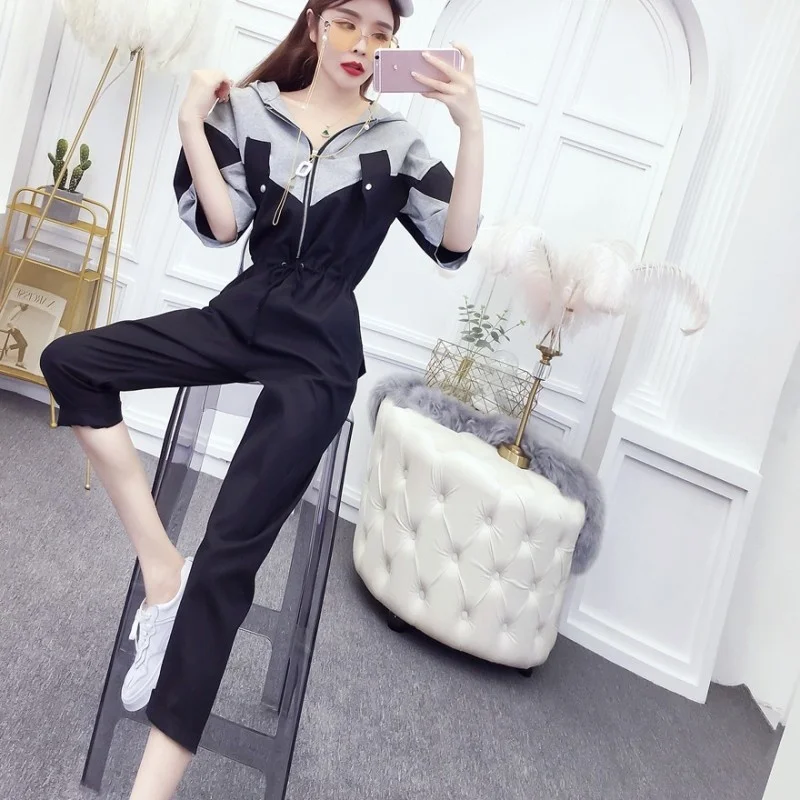 

Women Summer Straight Cargo One Piece Jumpsuit Colors Mixed Mid Calf Short Sleeve Overalls Lady Casual Hoody Jumpsuits One Size