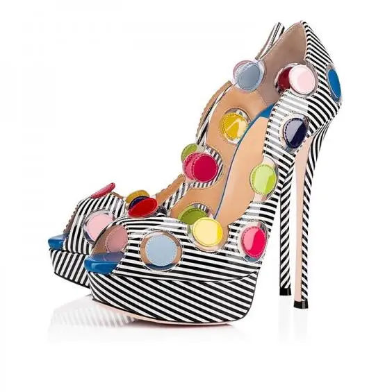 

Sweet Colorful Dots Stripe Peep Toe Platform Pumps Round Patches PVC Patent Leather Shoes Super High Heels Woman