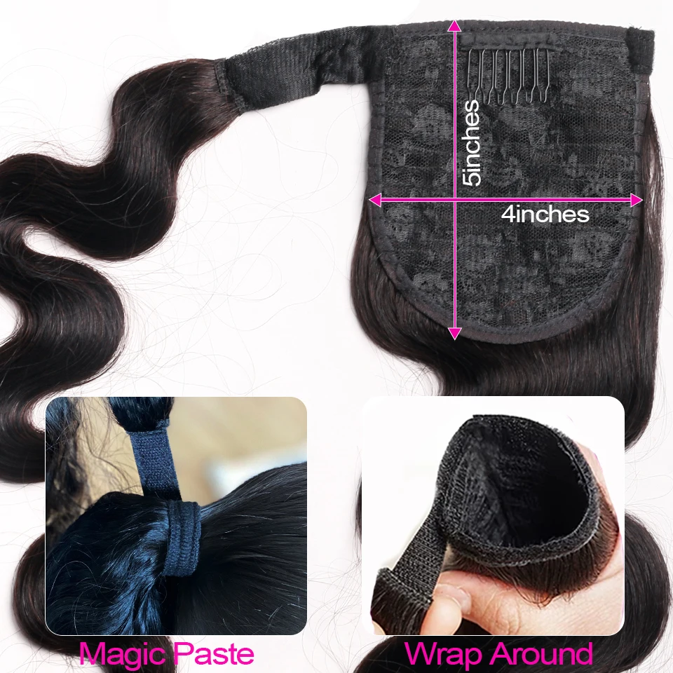 Wrap Around Ponytail Extensões de Cabelo Humano para Mulheres, Remy Hairpieces, Onda Corporal, Brasileira, Magic Paste, Pony Tail